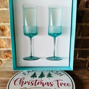 RARE New Tiffany & Co. BLUE Diamond Point Glass Flutes Set RETIRED